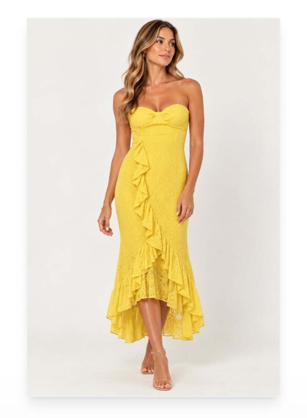 The Sang Dress Womens Large Yellow Lace Strapless Ruffle Maxi Formal Gown Party